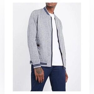 TED BAKER London Mens Striped Linen Bomber Jacket in Chambray Grey, 2 or S